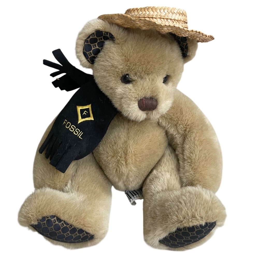 Fossil Collectible Teddy Bear Tan Plush with Straw Hat and Logo Scarf EUC 13"